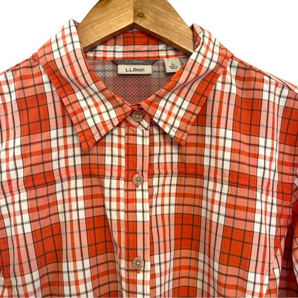 L.L. Bean Womans Coral Plaid Long Sleeve Vented Button Up Hiking Shirt Large - Picture 3 of 16
